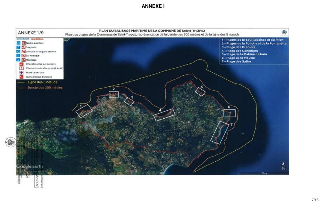Übersicht: gelbe 5-kn-Linie + rotes 300-m-Band, Strände 1–7 (Annexe I)